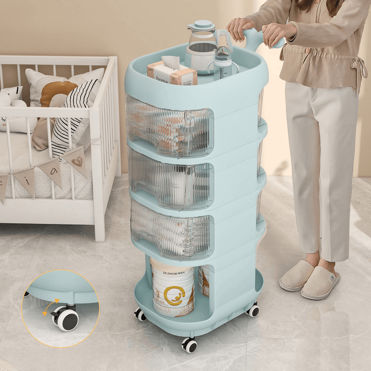 Multi-Layer Plastic Floor Storage Rack with Wheels (32cm)