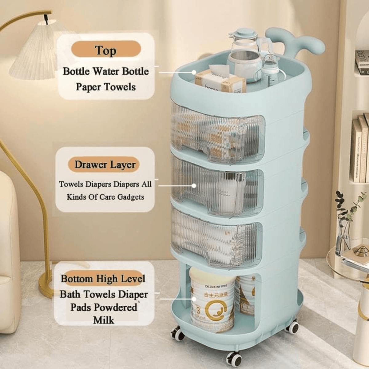 Multi-Layer Plastic Floor Storage Rack with Wheels (32cm)